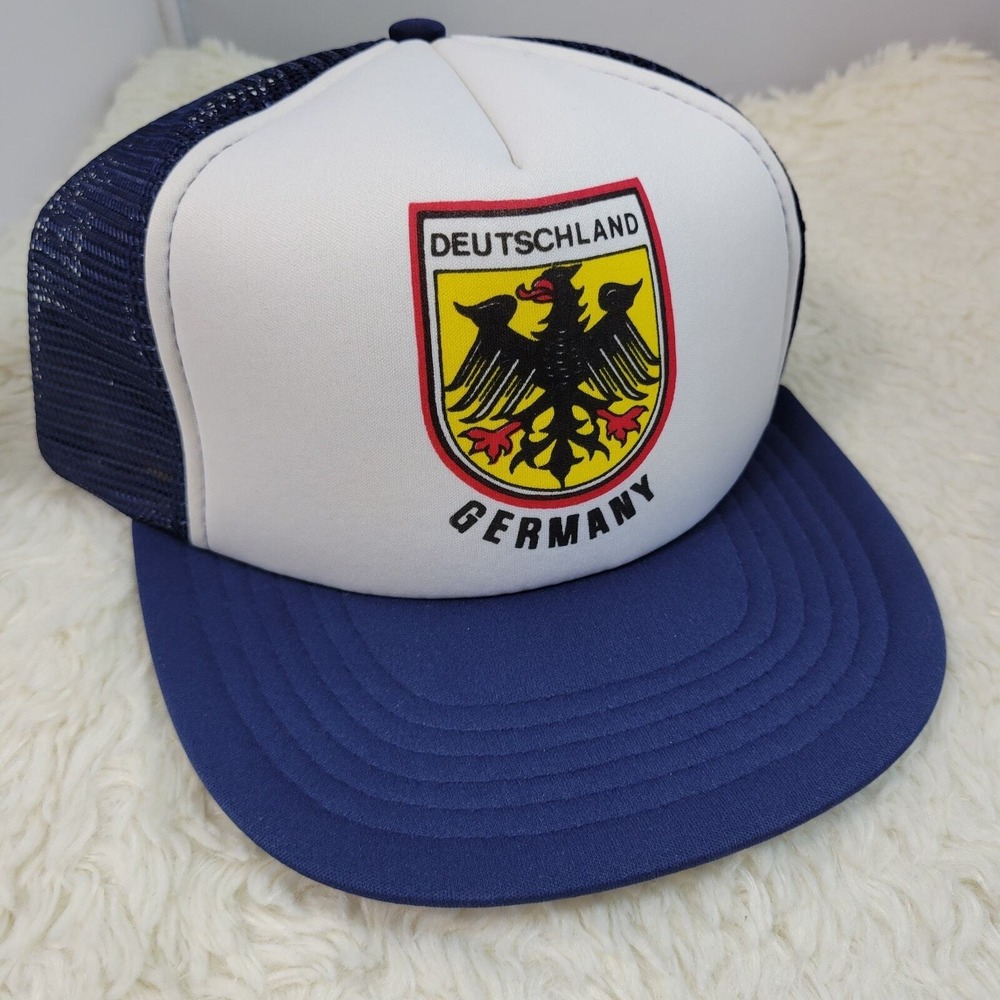 Vintage Deutschland Germany Snapback Trucker Hat Mesh Crest Coat of Arms Blue‎
